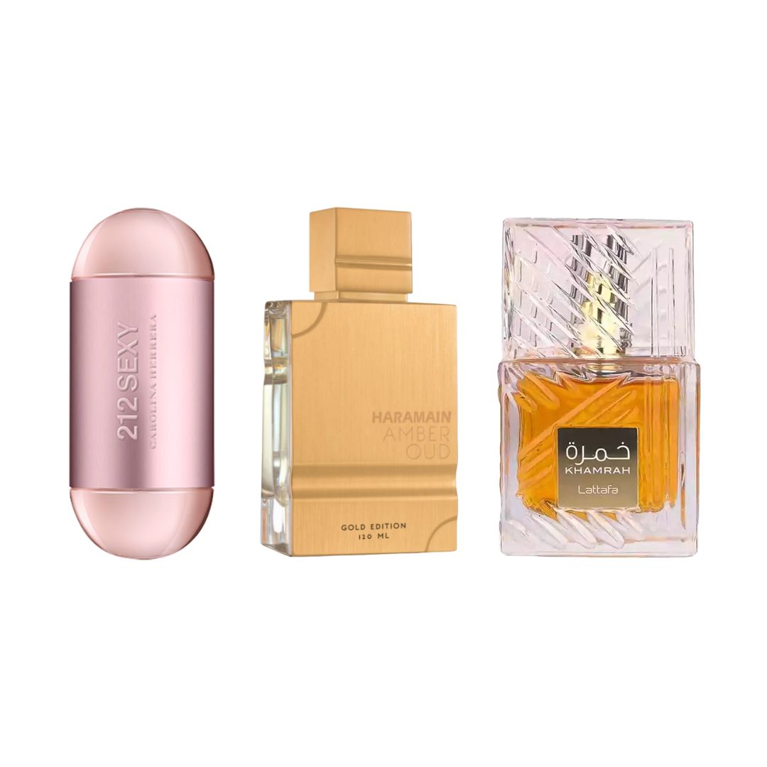 Promo mujer: 212 Sexy Woman  100 ML + Khamrah 100 ML + Al Haramain Amber Oud Gold Edition 120 ML + Envío GRATIS