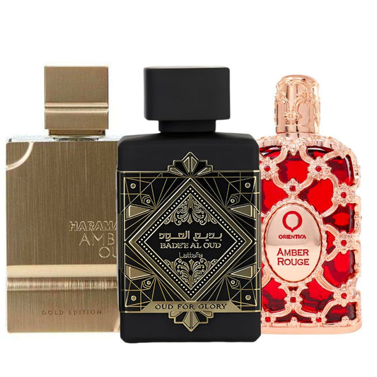 Promo Unisex Paga 1 lleva 3: Al Haramain Gold Edition 120 ML + Lattafa Oud For Glory 100 ML + Orientica Amber Rouge 80 ML