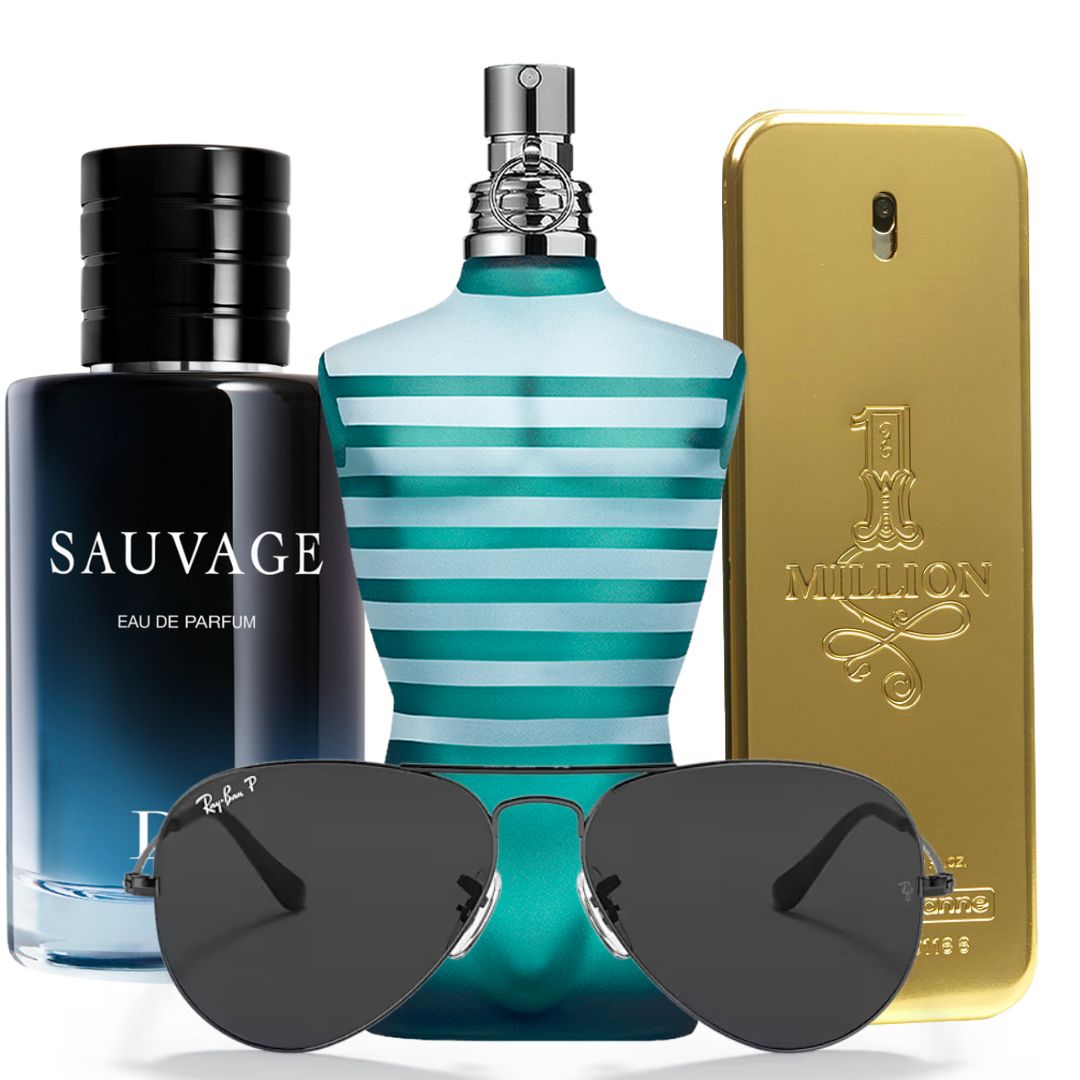 Promo: 3 Pefumes (Dior Sauvage 100 ML + Le Male JPG 75 ML + One Million Rabanne 100 ML) + Gafas Ray-Ban.