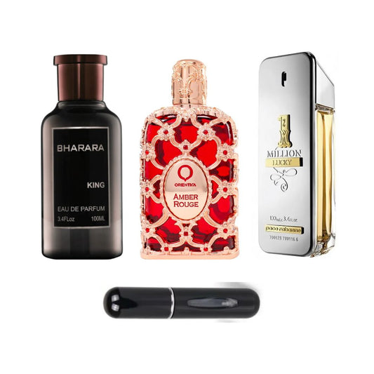 Promo perfumes: Bharara King 100 ML + Orientica Amber Rouge 80 ML + One Million Lucky 100 ML + Obsequio