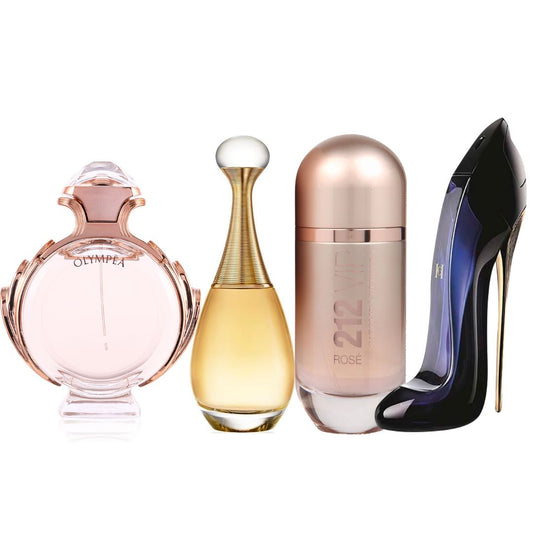 Promo Mujer PAGA 2 LLEVA 4 PERFUMES: Olympéa Rabanne 80 ML + J'adore Dior 100 ML + GRATIS: 212 VIP Rosé Carolina Herrera 80 ML + Good Girl CH 80 ML